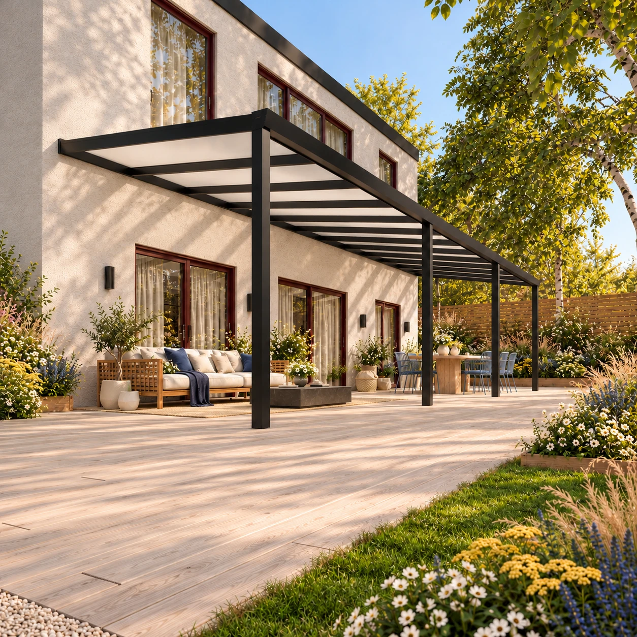 Terrassenüberdachung Plus 12,03 x 3,5 Meter Mattschwarz Opal Polycarbonat moderne Rinne – Gesamtansicht Terrassenüberdachung Plus 12,03 x 3,5 Meter Mattschwarz Opal Polycarbonat moderne Rinne – Gesamtansicht
