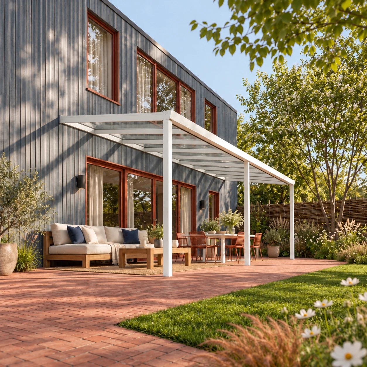 Terrassenüberdachung Glasdach 9,03 x 3,0 Meter Matt weiß – Produktansicht 1 Terrassenüberdachung Glasdach 9,03 x 3,0 Meter Matt weiß – Produktansicht 1